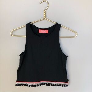 OH MY black cropped tank top neon trim Pom pom hem M